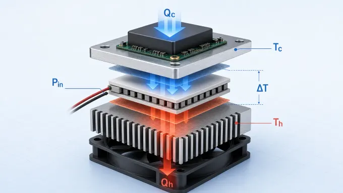 Conjunto Peltier en vista explotada con carga electrónica, placa fría, TEC, disipador, ventilador, Qc, Qh, Pin, Tc, Th y ΔT