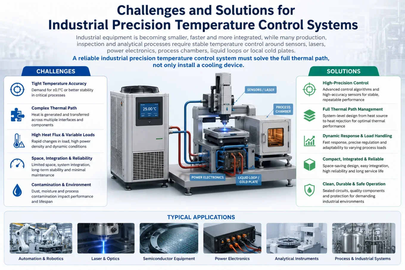 Diagramm zu Herausforderungen und Loesungen fuer industrielle Praezisions-Temperaturregelung, TEC-Kuehlung und OEM-Thermomanagement