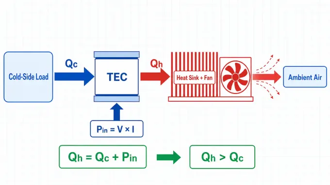TEC 热端热流示意图，显示冷端负荷 Qc、电输入 Pin、Qh 等于 Qc 加 Pin、散热器、风扇和环境空气