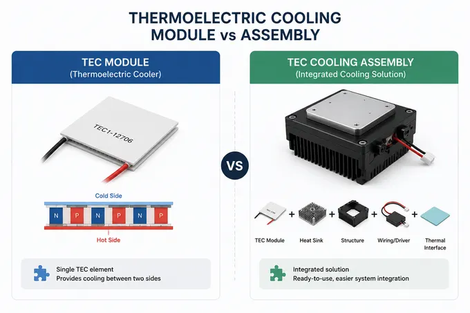 TEC 制冷片与集成式半导体制冷组件对比示意图