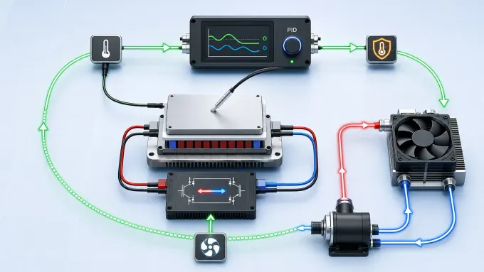 Sistema TEC en lazo cerrado con sensor de placa, controlador PID, driver bidireccional, protección caliente, bomba, ventilador y realimentación