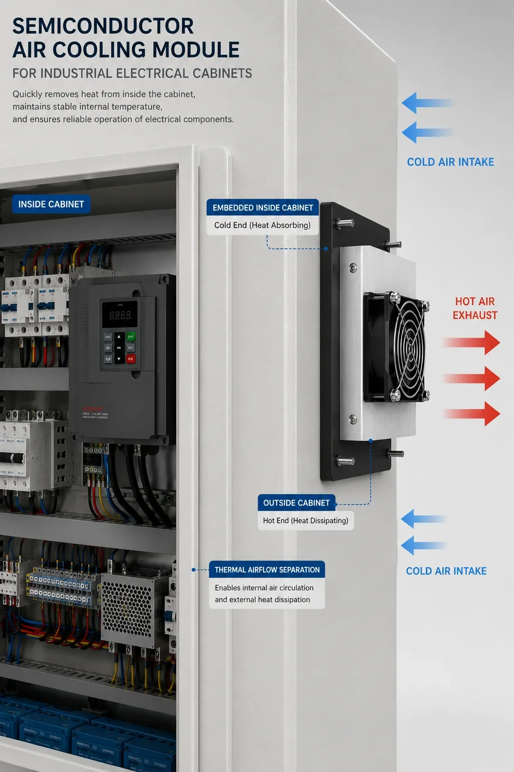 Thermoelectric air cooling module mounted on an industrial electrical cabinet with separated cold-side circulation and hot-side exhaust airflow