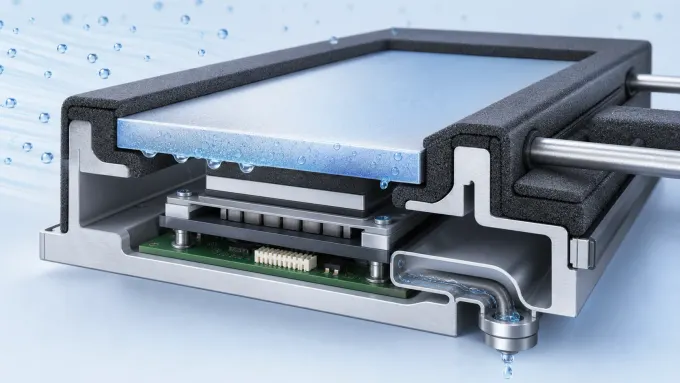 Corte de placa fría termoeléctrica aislada con gotas de condensación, cavidad TEC sellada, drenaje, tuberías y electrónica protegida