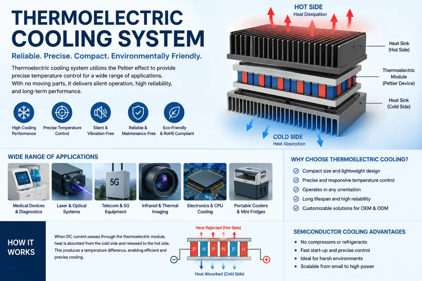 Diagramm eines thermoelektrischen Kühlsystems mit Heißseiten-Wärmeabfuhr, Kaltseiten-Wärmeaufnahme und Peltier-Modul