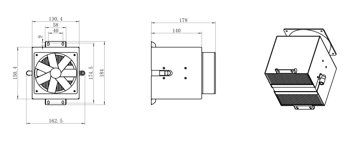 150W TEC Cooling Module dimensional drawing for OEM thermoelectric cooling module integration